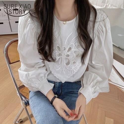 Korean Style Hollow Butterfly Embroidered Blouse Women Puff Long Sleeve Loose White Womens Shirt O Neck Casual Top Blusas 15870