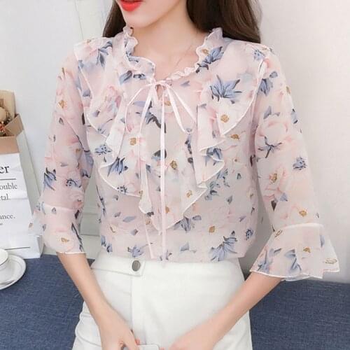 2021 Korean Fashion Clothing Floral Chiffon Shirt Female Bow Blusas Female Tops Flare Sleeve Ruffled Blouses Dropshipping 0148