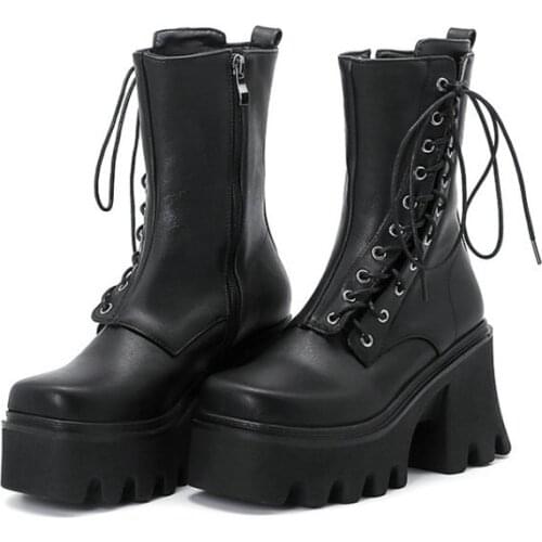 Sianie Tianie Winter Warm Plush Fur Lined Side Cross-tied Gothic Chunky High Heels Punk Women Shoes Ankle Platform Martin Boots