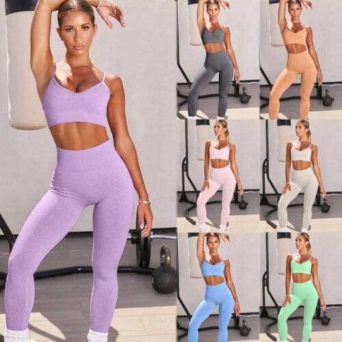 2 Piece Women Seamless Yoga Set Sport Suits Fitness Clothing Female Sportswear Gym Leggings Padded Push-up Strappy Sports Bra