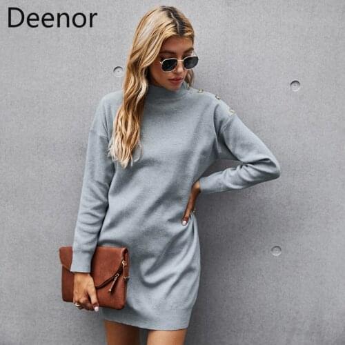 Deenor French Long-sleeved Ladie Elegant Knitted Sweater Dresses 2021 Gray Slim Short Skirt Loose Sexy Office Casual Woman Dress