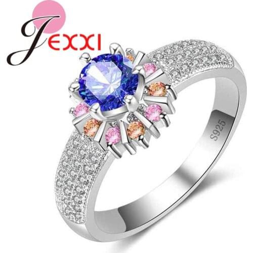 Top Quality 925 Sterling Silver Rings For Women AAA Blue Colorful Round Cubic Zirconia Finger Rings For Party