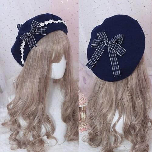 1pc Beret Hat Lolita Girl Sweet Cute Female Daisy Bow Hat Japanese Beret Lolita Girl Sweet and Cute Woolen Female Bow Hat