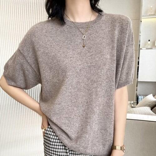 100% Wool Short-Sleeved Top Spring Summer 2021 New Round Neck Cashmere Knitted Womens Large Size Thin Half-Sleeved Base Sweater