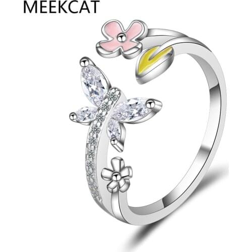 925 Sterling Silver Sweet AAAAA Zircon Butterfly Love Flower Rings For Women Gift 17mm Adjustable Bague S-R386