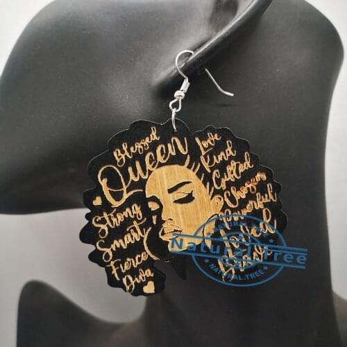 Free Shipping! Round Wooden Black Queen Blessed Earrings