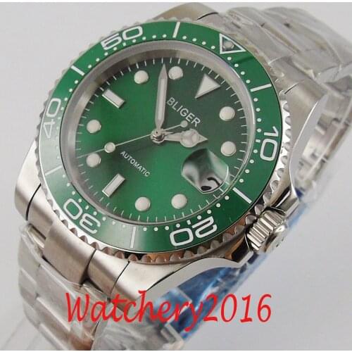 BLIGER 40mm Green dial luminous hands Sapphire Glass full stainless steel NH35 automatic movement Mens Watch