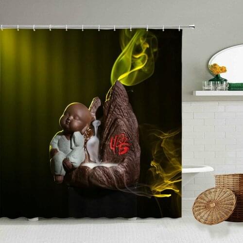 Zen Meditate Meditation Little Monk Shower Curtain Buddhist Creative Incense Burner Bathroom Wall Decoration Waterproof Screen