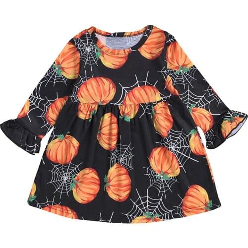 Imcute Childrens Halloween Dress Costume Pumpkin Ghost Print Lapel Long Sleeve Bohemian Elastic Waist Girl Dress