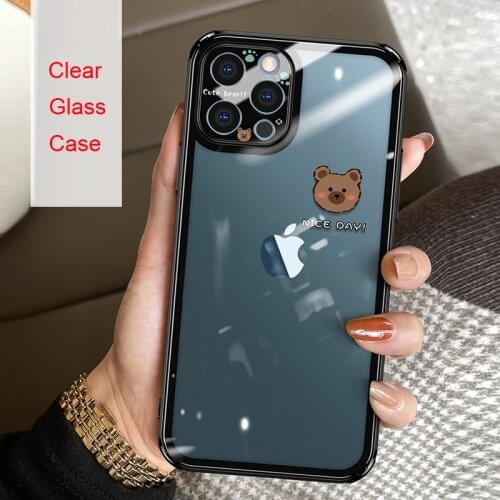 Ip12 Pained frame + Bear animals clear Tempered Glass Case Cover For iPhone 12 11 Pro Max XR XS MAX shockproof phone glass cases