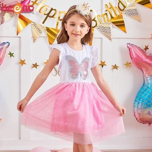 Summer Girls Dress Butterfly Sequins Kids Flare Sleeve Dresses Sweet Baby Girls Princess Dress Birthday Party Elegant Vestidos