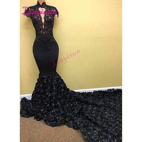Linyixun Sexy Mermaid Prom Dresses 2018 High Neck Cap Sleeves Flowers Lace Long Chapel Train Formal Party Gown Evening Dress