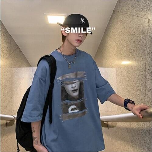 Trendy summer loose round neck cotton short-sleeved t-shirt mens large size printing thin section tide brand t-shirt top clothe