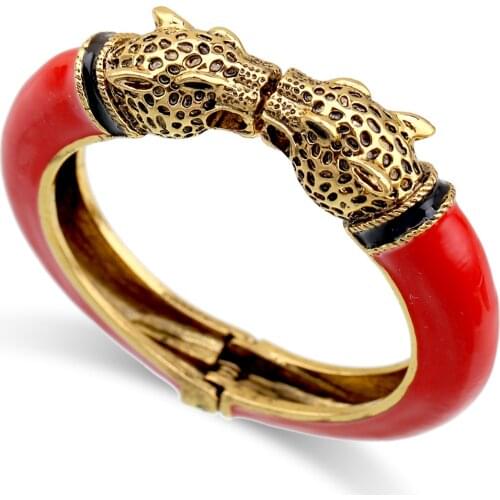 Trendy Double Leopard Head Enamel Cuff Bracelet Statement Bangle for Women Girls Gold Plated Animal Vintage Bracelet Pulseira