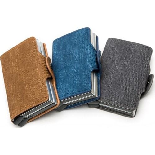 BISI GORO Anti-theft Double Boxes High Quality Wallet 2020 New RFID Blocking Card Holder Denim Business Pop-up Metal ID Case