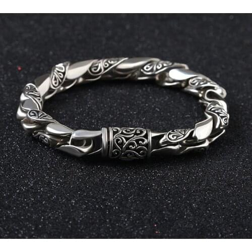RetroSen New Silver Bracelet Men Vintage Punk High Polished Auspicious Flowers Embossed Bracelets Handmade Thai Silver Jewelry