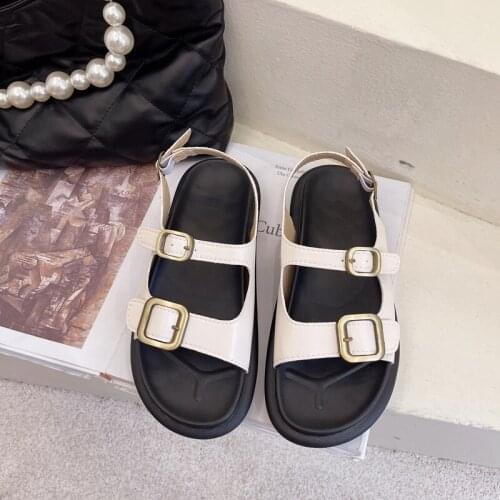 New PU Sandals Summer Leisure All-match Solid Color Flat-bottomed Roman Thick-soled Sandals One Word Buckle Female Sandals