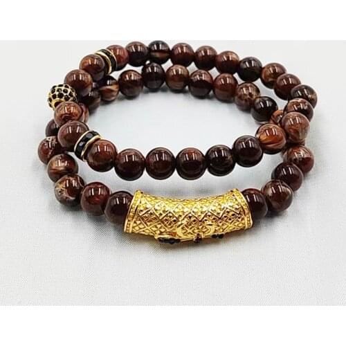 Blue Stone Casual Fashion Micro-Paved Zircon Bracelet Elbow Double Tiger Eye Frosted Stone Beaded Mens Bracelet Jewelry