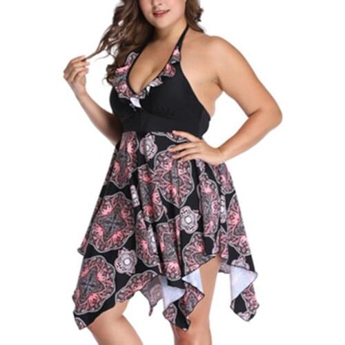 Plus Size Swimwear for Women Adjustable Halter Sling V Neck Padded Summer Swimming Dress Ruffle and Irregular Hem PR Sale