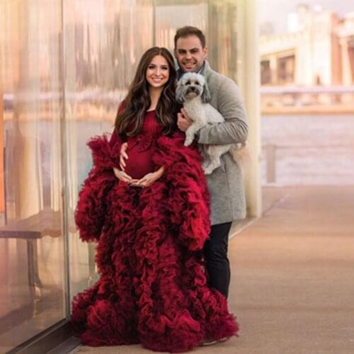 Luxury Puffy Burgundy Tulle Maternity Women Dress With Flare Sleeves Classic Ruffles Tiered Pregnancy Gowns Long Robes Jacket