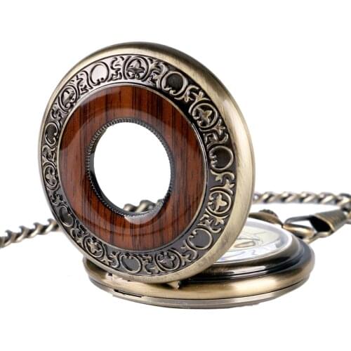 Retro Luxury Pocket Watch Wood Circle Skeleton Men Women Unisex Mechanical Hand-winding Roman numerals Necklace Gift P2012C