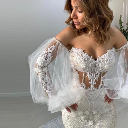 Sexy Lace Mermaid Wedding Dresses Off The Shoulder Sheer Sleeves Pearls Beaded See Through Bridal Gowns Floor Length Vestidos
