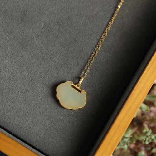 Hetian Jade Necklace Womens Lotus Safety Lock Long Life Jade Lock Natural Jade Pendant Womens Enamel Antique Pendant