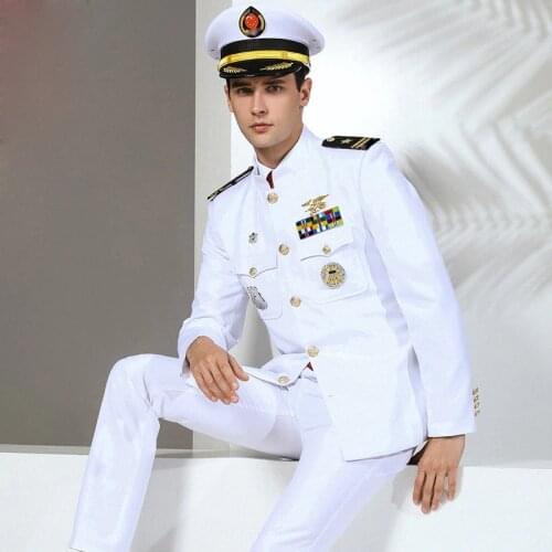 Hesperian Standard Navy Uniform White military Clothes Men Navy Formal attire White Military Suits Hat + Jacket + Pants + tie
