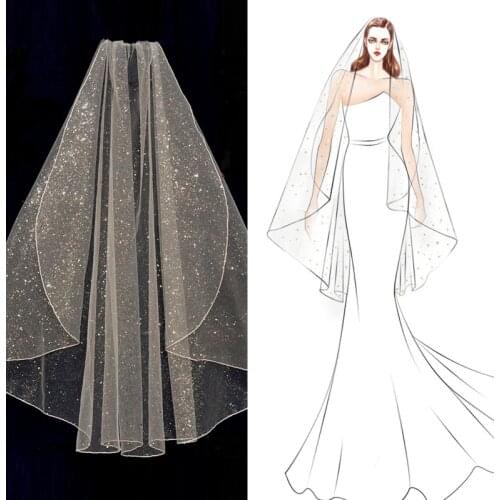 TOPQUEEN V100 Bling Bling Champagne Veils Bridal Fingertip Veil Pencil Edge High Quality Soft Single Tier Bridal Veil with Comb