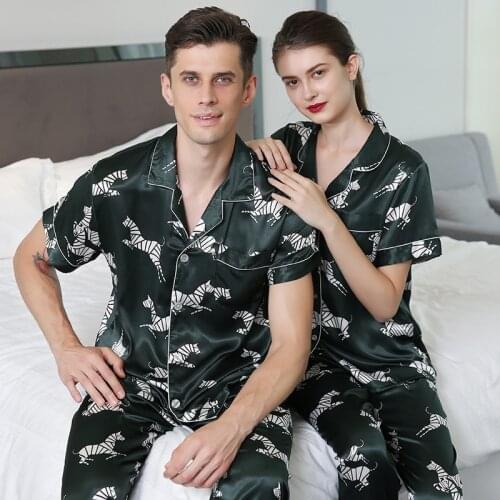 Adult Zebra Homewear Couple Silk Pajamas Short Sleeve Silk Nightwear Short Sleeve Pyjamas 2pcs Set Sleepwear Loungewear D-2184