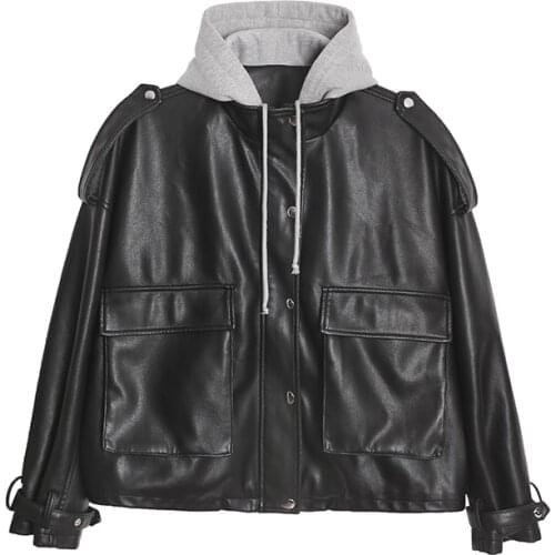 Women Black Pu Leather Jacket Hot Sale Loose Hooded Faux Big Pocket Button Streetwear Jacket Lady Korea Casual Outerwear