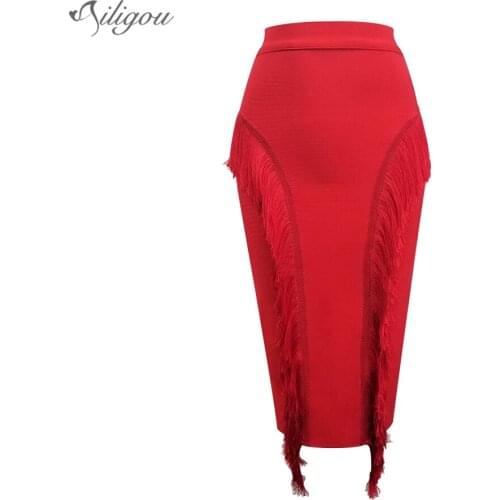 Ailigou High Quality WomenS High Waist Bodycon Skirt Office Ladies Tassel Elegant 2020 New Fashion Pencil Skirt Bandage Skirt