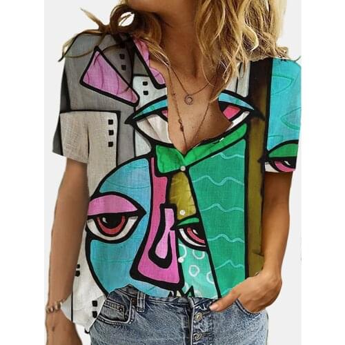 S-3XL Fashion Geometry 3D Print Summer Shirt Women Lapel Short Sleeve Button Lady Office Shirt Female Streetwear Size Blouses