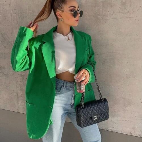 JUN WU Summer Womens Green Loose Linen Suit Single-Breasted Pocket Long-Sleeved Suit Jacket Sexy Street Casual British Style