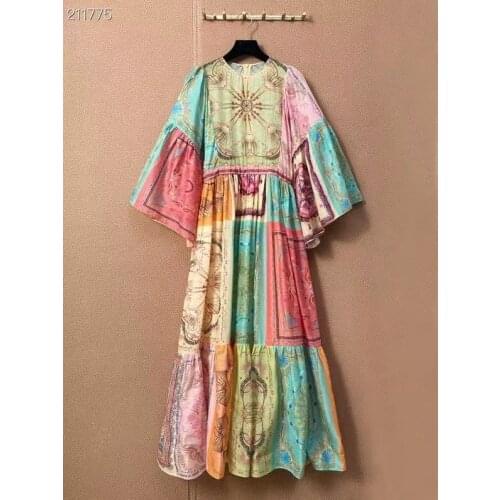 Runway Designer Fashion 2021 Summer Holiday Long Dress Womens Long Sleeve Printed Vintage Cotton Dress