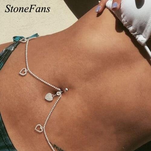 Stonefans Fashion Sexy Piercing Heart Belly Navel Nail Ring Jewelry Rhinestone Glitter Love Pendant Waist Chain Belt for Women