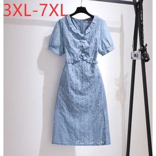New 2021 Ladies Summer Plus Size Midi Dress For Women Large Short Sleeve Slim Blue Ruffle V-neck Dress 3XL 4XL 5XL 6XL 7XL