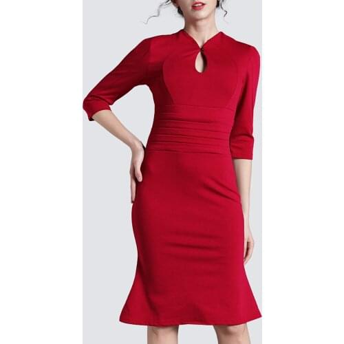Plus Size Autumn Women Vintage Elegant Ruched Mermaid Dress Sexy Front Key Hole Bodycon Party Dress H823