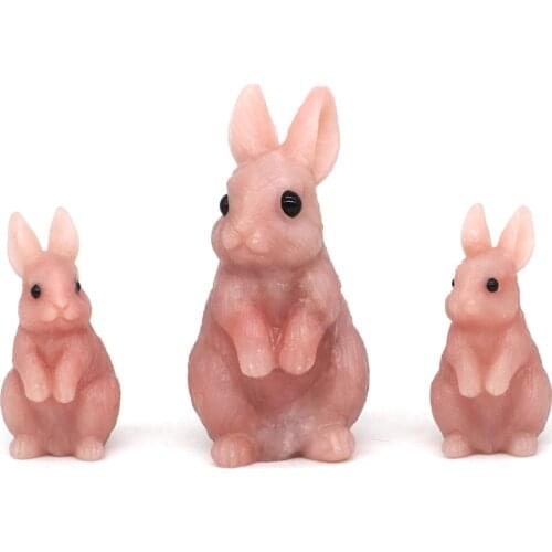 3 pcs Rabbits Statue Natural Gems Pink Opal Crystal Carved Reiki Healing Stone Animal Figurine Crafts Home Room Desk Decoration