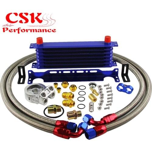 7 Row Engine Racing Trust Oil Cooler w/ Thermostat Oil Filter Adapter Kit Black/Gold/Blue