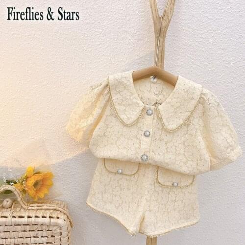 Summer Girls 2 Pcs Set Blouse + Shorts Kids Suit Children Clothes Fashion Floral Embroidery Lace Soft Solid 1 To 7 Yrs