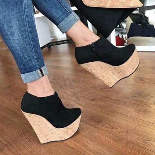 BERZIMER Women Ankle Boots Side Zip Platform Cork Wedges Booties Faux Suede Ladies Unisex Shoes Woman Large Size 47 48 49 50 52