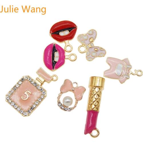 Julie Wang 7PCS Mixed Charms Alloy Girls Series Pink Cloth Enamel Lipstick Lip Necklace Bracelet Accessory Jewelry Making