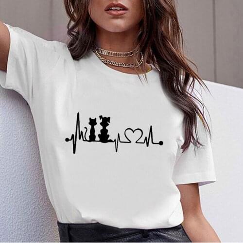 Cardiogram line printing T-shirt Summer Womens T-shirt 90s Ullzang Harajuku Retro graphic T-shirt Fashion Female