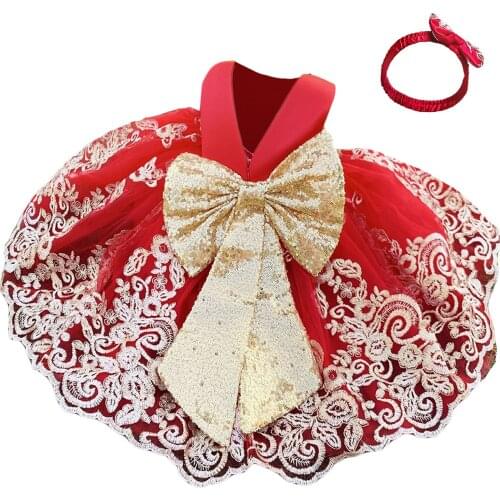 Red Baby Girl Dress 1 Year Birthday Dress Girl Party Wedding Dress Seuqins Bow Tutu Lace Christening Dress For Girl Vestidos