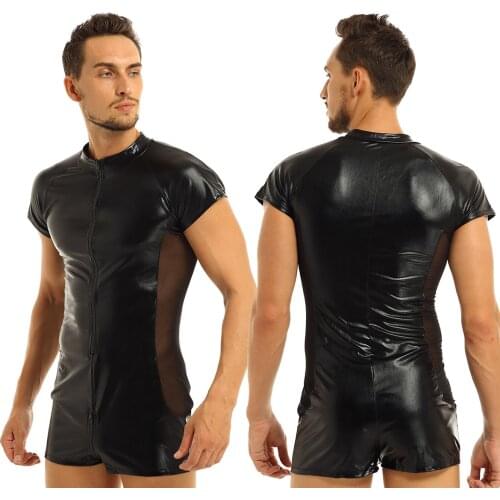 Mens Pole Moto Party Teddies Male One-Piece Shiny Metallic Jockstraps Catsuit Zipper Wetlook Sexy Bodysuit Costumes Clubwear