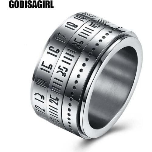 New Fashion Round male rings Turn Rotated text password Titanium Steel Ring For Men Gift