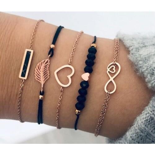 Bohemia Metal Infinity Heart Leaves Rectangle Pendant Charm Black Natural Beads Gold Multilayer Chain Bracelet Set Women