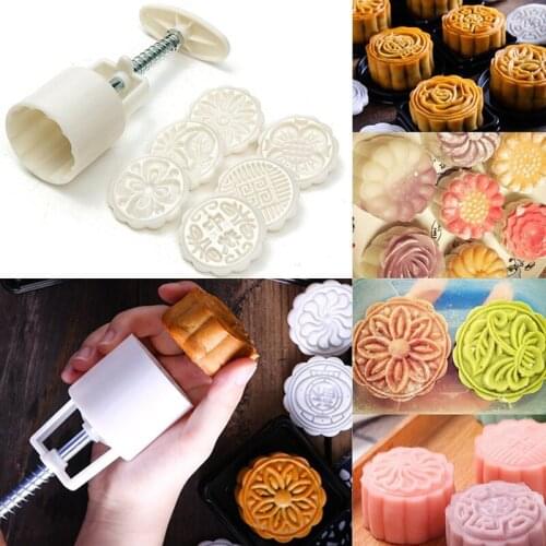 New 50g 6 Style Round Flower Mooncake Mold Hand Pressure Fondant Moon Cake Decoration Tools Cookie Cutter Pastry Baking Tool