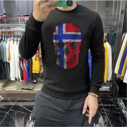 Autumn And Winter Mens Fashion Quality Skull Rhinestone Hoodie Casual Joker Hip-Hop Slim Comfortable Sweatshirt